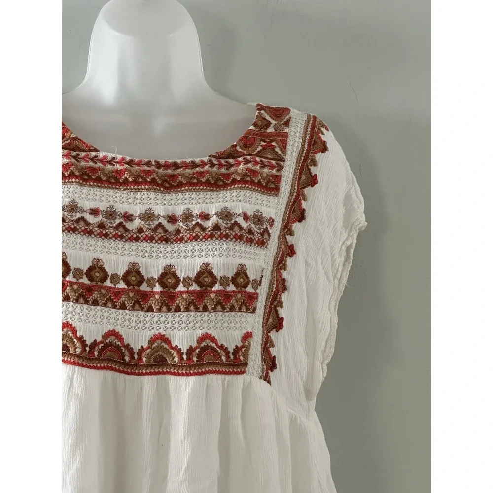Free People Dress XS Sunrise Wanderer Mini Dress Embroidered Floral Boho Peasant